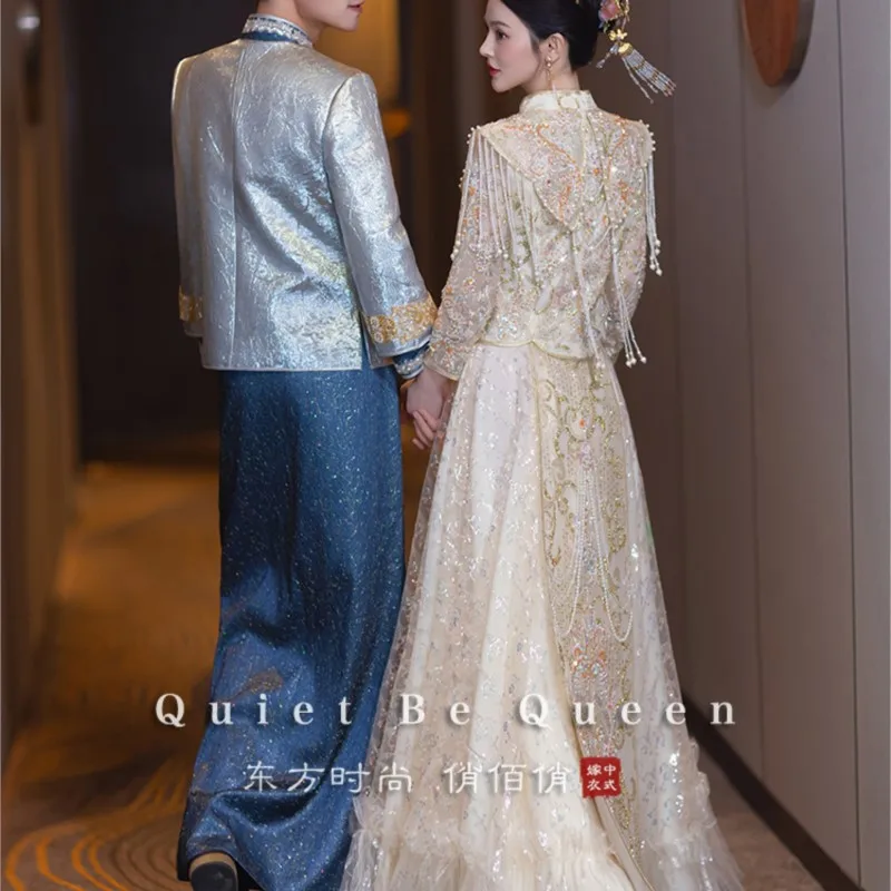 High-end custom-made light-colored new phoenix crown red wedding dress and dragon gown
