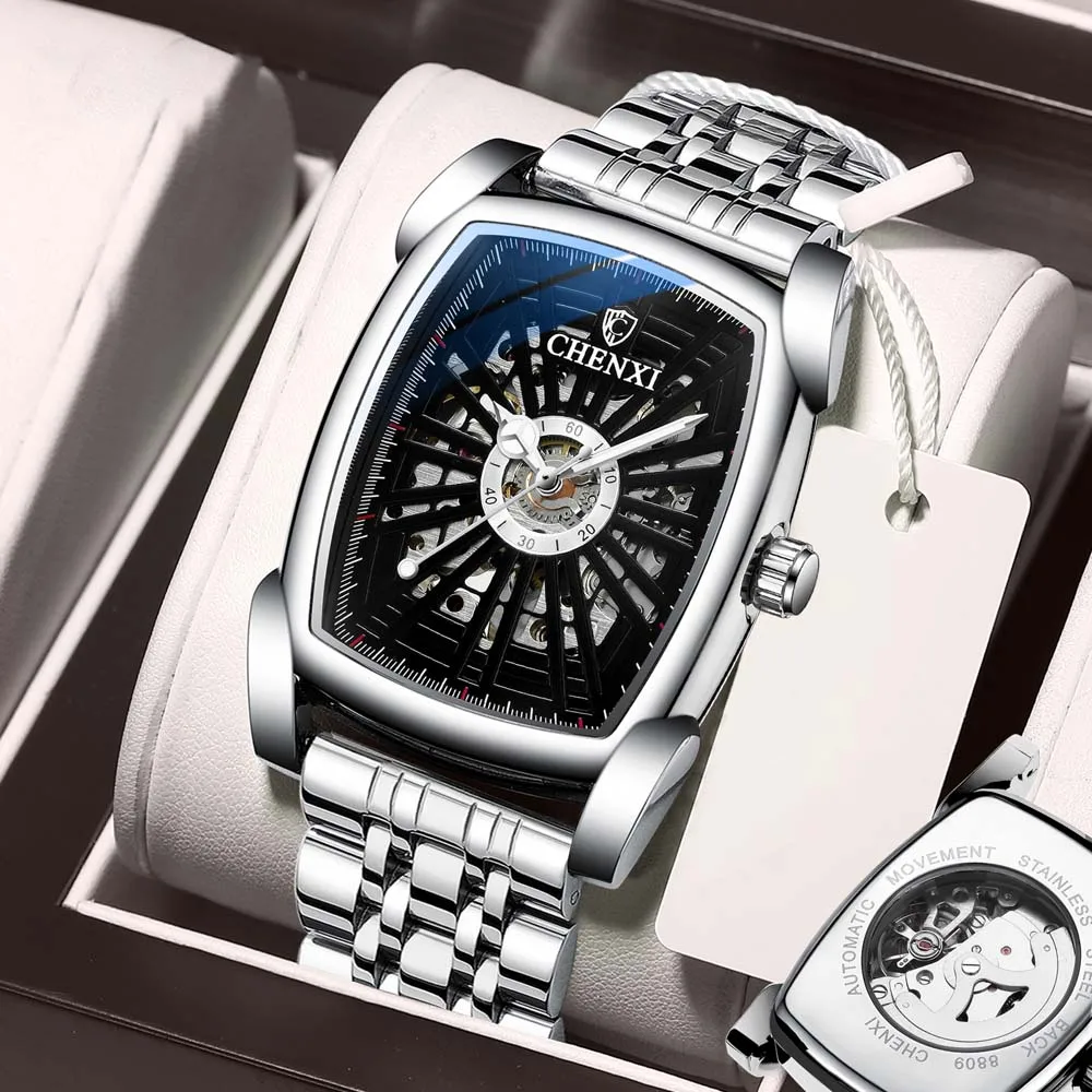CHENXI Automatic Mechanical Watch for Men Tonneau Shape Skeleton Dial Waterproof Square Wristwatch relojes para hombres