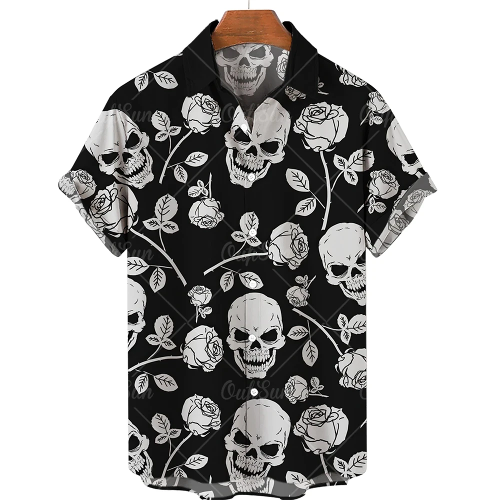 3D Printed Skull Hawaiian Floral Casual Shirt Men\'s Halloween Summer Short Sleeve Lapel Shirt Men\'s Hawaiian Short Sleeve XS-4XL