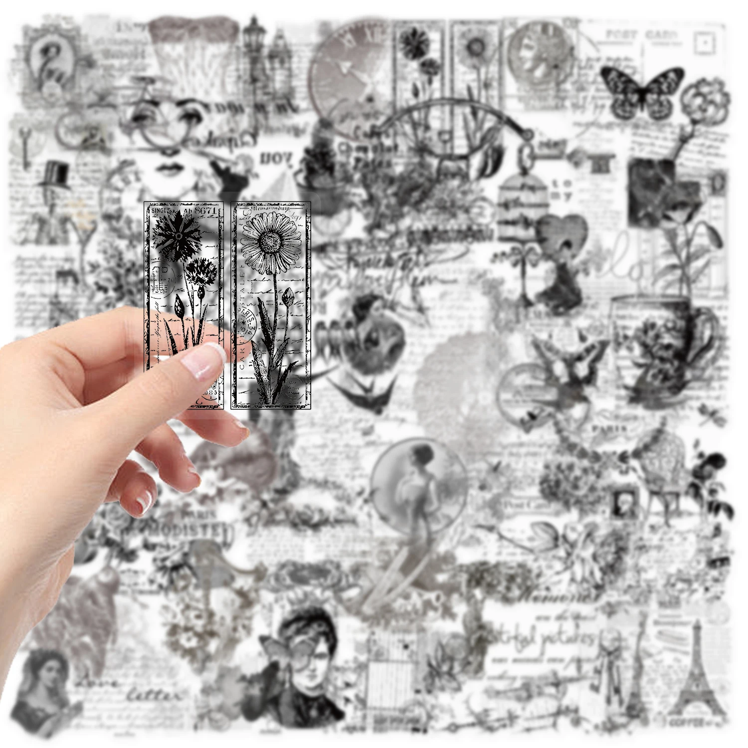 สติกเกอร์วินเทจ PET ใส สีดำ สีขาว ลายการ์ตูน 58/116 ชิ้น สำหรับตกแต่งแล็ปท็อป ตู้เย็น โทรศัพท์ สมุดภาพ