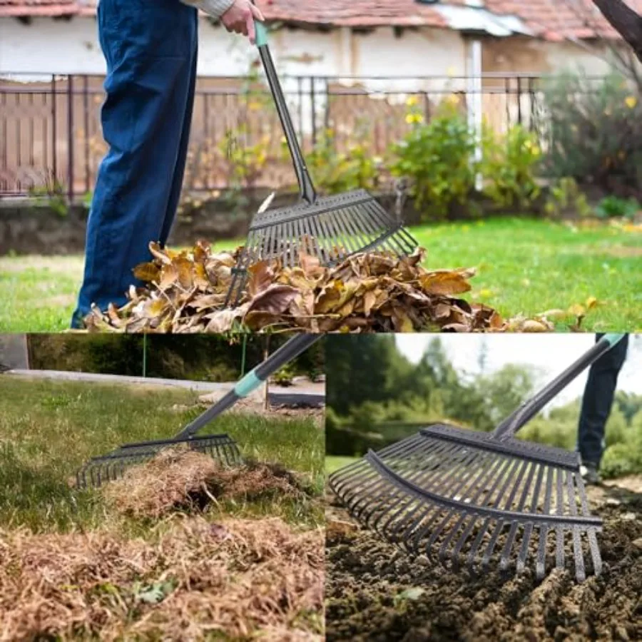 Ancinho de folhas de jardim resistente com 25 dentes de metal, alça ajustável de 18,5 polegadas de largura e 6 pés para quintal eficiente, gramado, arbustos e jardim le