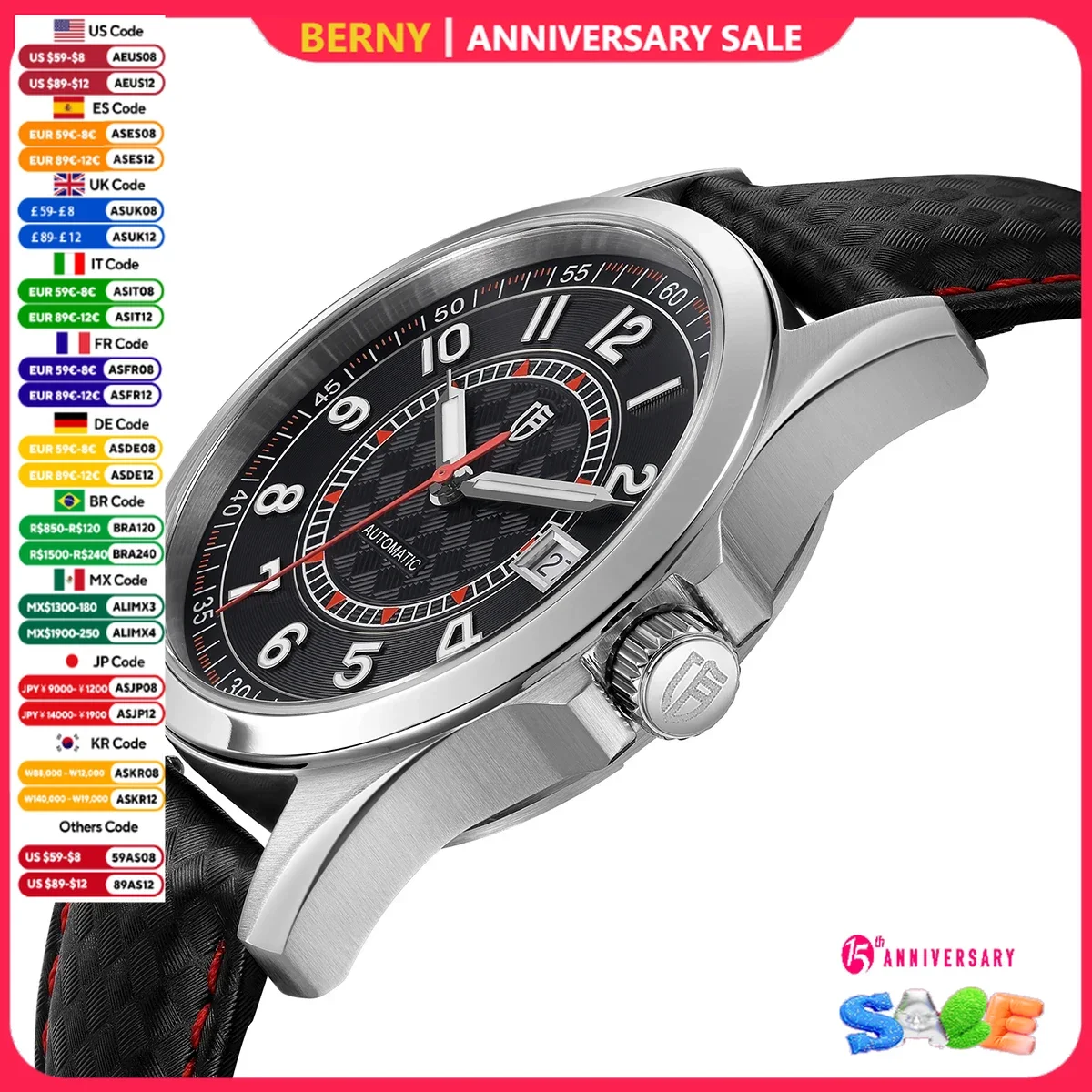 BERNY Automatic Mechanical Watches for Men 38mm Super Luminous PT5000 ST2130 High Precision Luxury Sapphire Wristwatch Easy Read