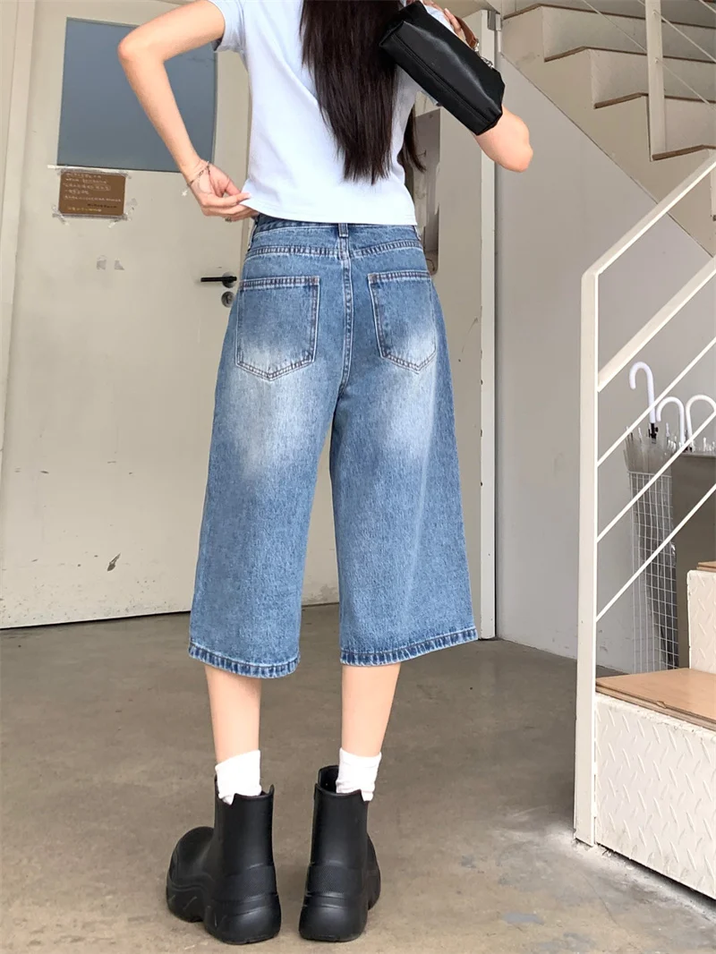 Women's summer light blue denim cropped wide-leg pants Korean style distressed wash loose fit drapey casual elongates the legs