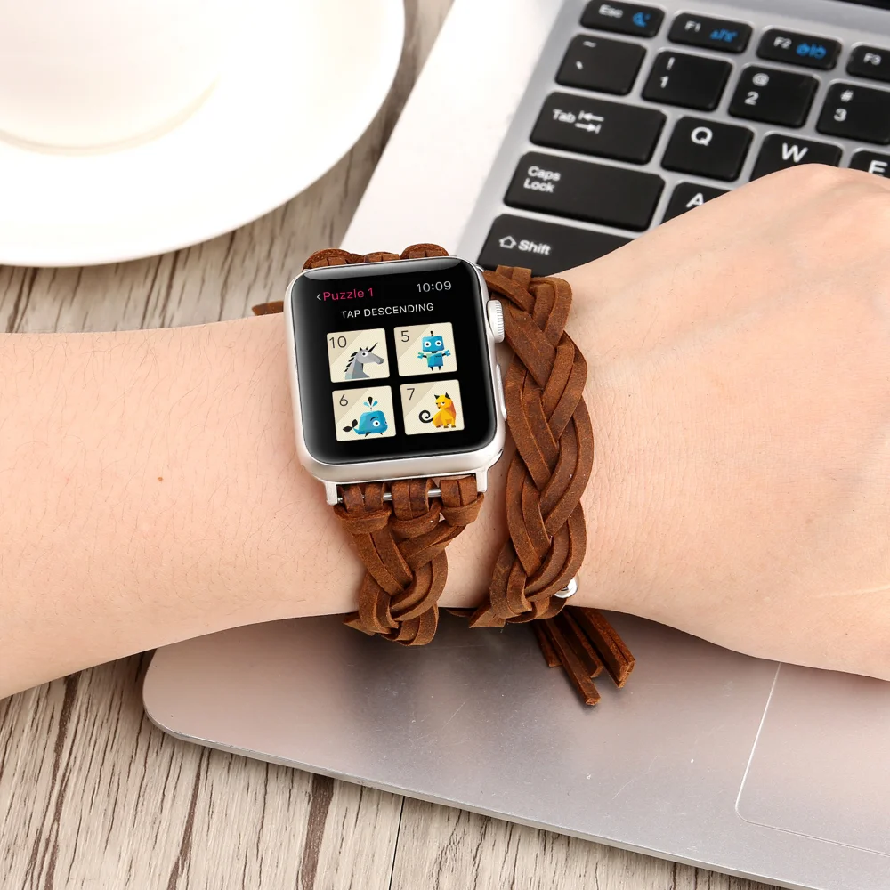 Braided Leather Strap For Apple Watch Band 45mm 41mm 44mm 40mm 42mm 38mm 49mm  Double Ring Bracelet iWatch Ultra 8 7 SE 6 5 4 3