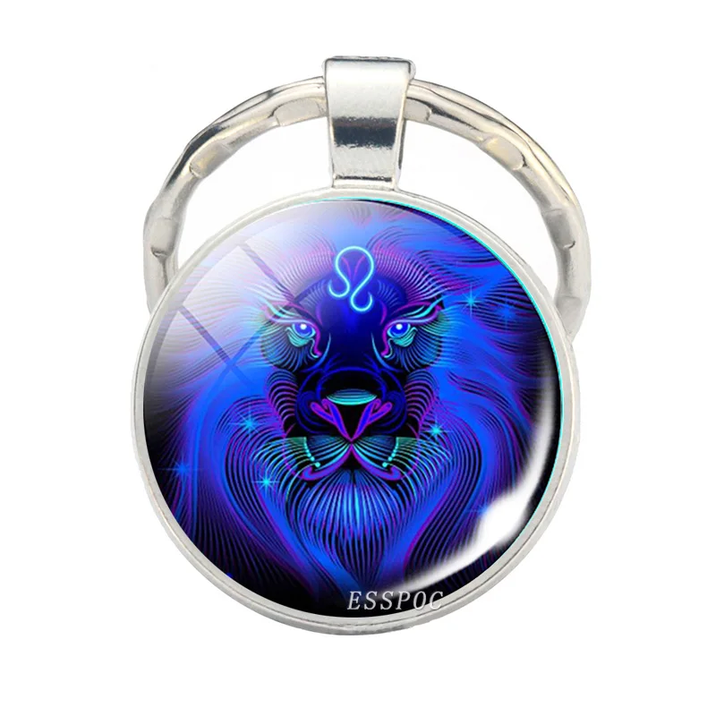 12 Zodiac Sign Scorpion Lion Glass Metal Keychain Women Men Couples Keychain Car Key Holder Rings Fashion Astrology Gifts