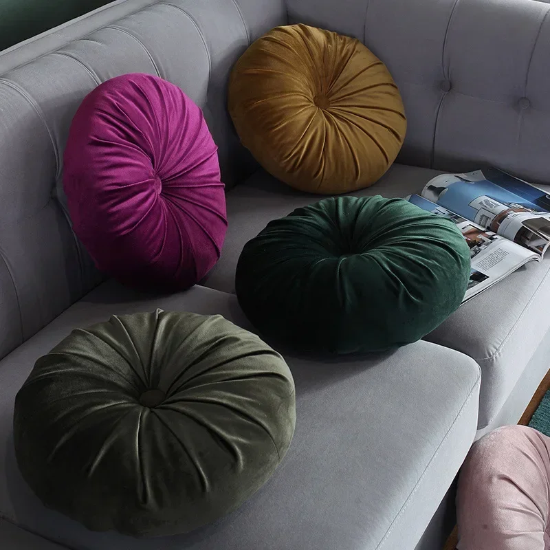 Coussin de siège rond plissé en velours hollandais, 35cm, Pouf, décoration de canapé, Cojines Redondo Coussin