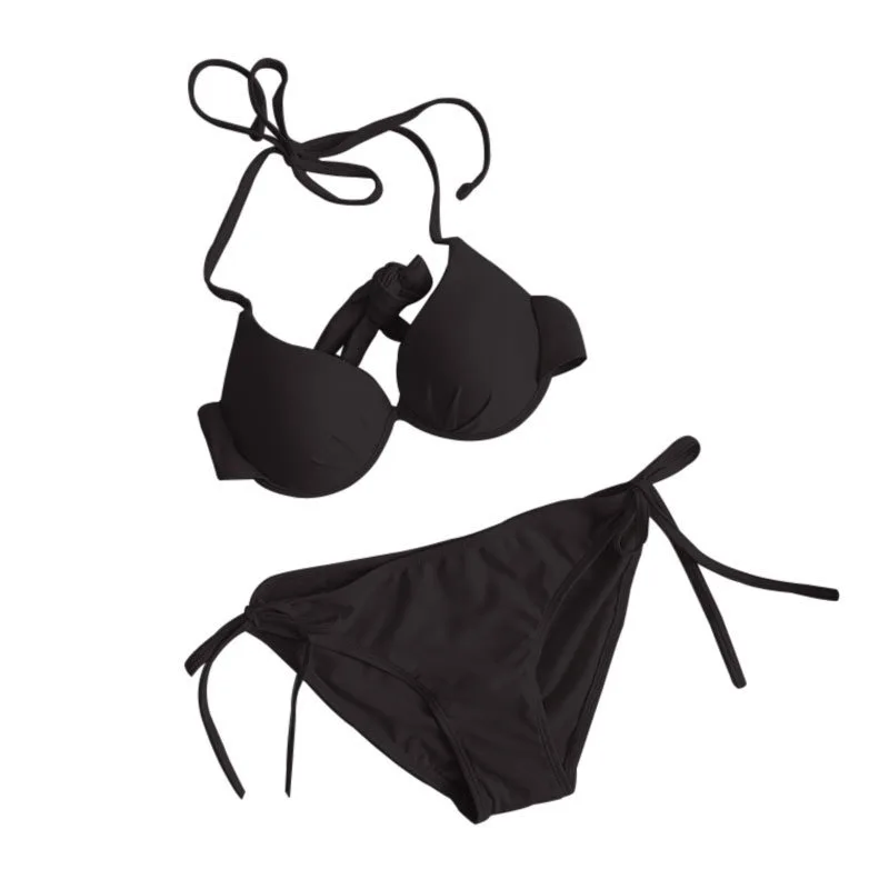 Small breasts with chest pads and steel brackets, black bikini swimsuit, female sexy, three-point swimsuit