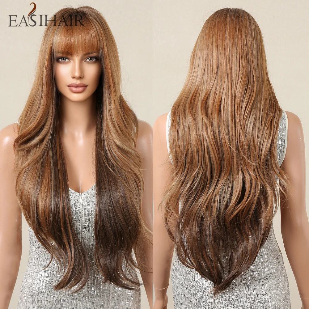 EASIHAIR Mixed Brown Layered Long Wig Synthetic Wavy Wigs with Bangs for Women Natural Looking Cosplay Daily Hair Heat Resistant