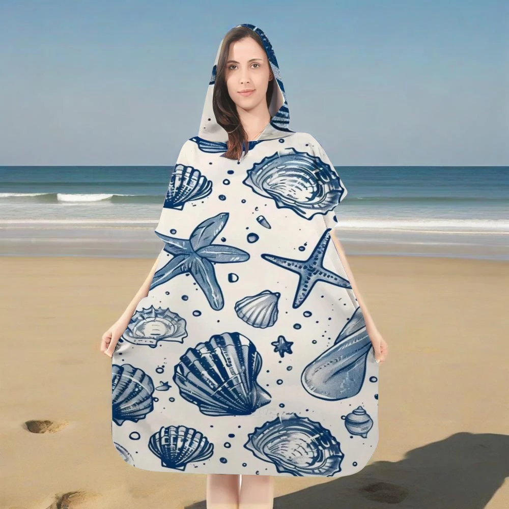 Seashell Starfish Hooded Bathrobe Quick Dry Microfiber Beach Towel Poncho