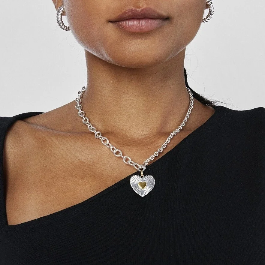 

AIKOER Trendy Gold And Silver Color Blocked Ribbed Heart Pendant Necklace Two Tone Heart-Shaped Pendant Necklace Women's Jewelry