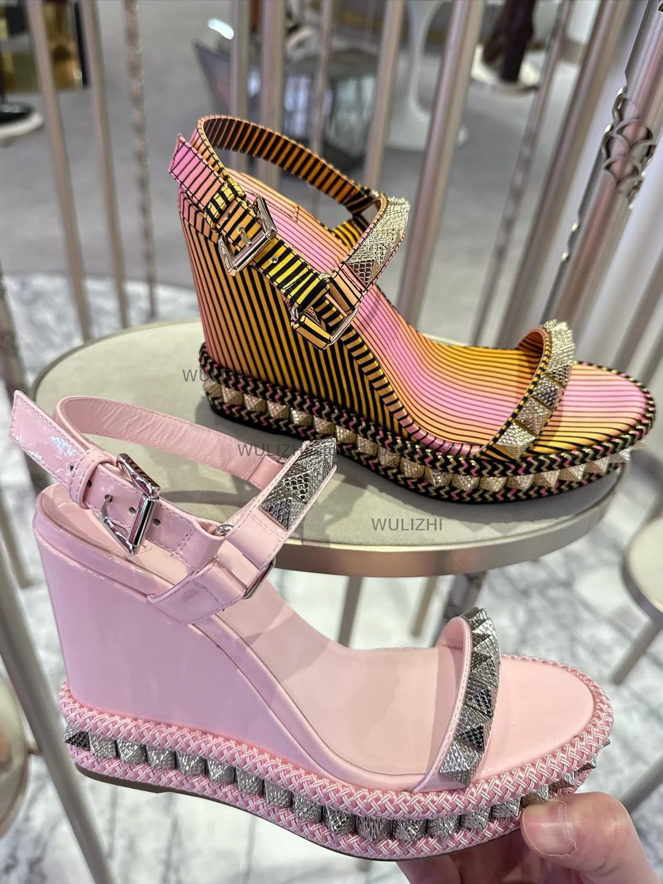 

Light Pink Silver Rivet Trim Wedge Sandals Women Summer Platform Open Heels Genuine Leather Cute Girls Buckle Open Pump Shoes