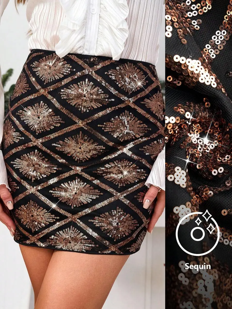 

Women's Black Sequin Geometric Pattern Bodycon Mini Skirt