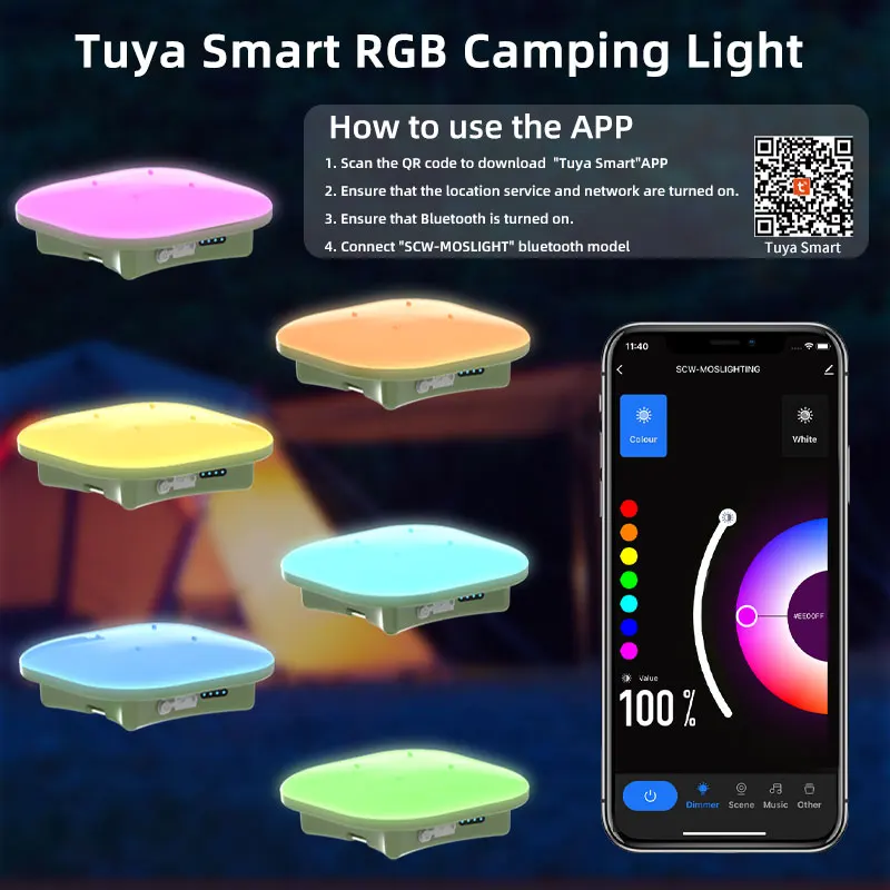 Latarnia kempingowa z możliwością ładowania Inteligentne światło Sterowanie Bluetooth przez aplikację Tuya Synchronizacja muzyki RGB Oświetlenie namiotu LED 13500 mAh Na zewnątrz 80 W