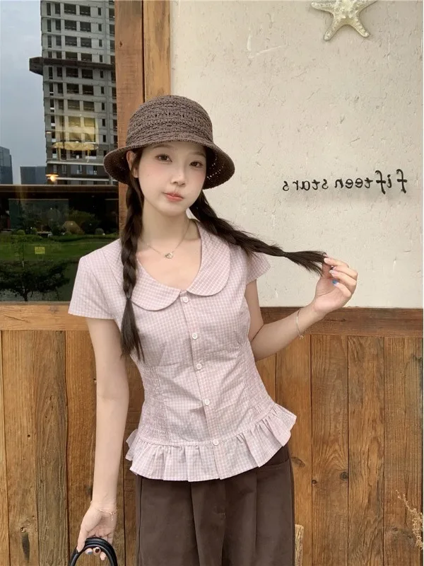 

Sweet Plaid Doll Collar Shirt plus Size Women's Fashion Design Splicing Lace Summer New Style Slimming Versatile Korean Version