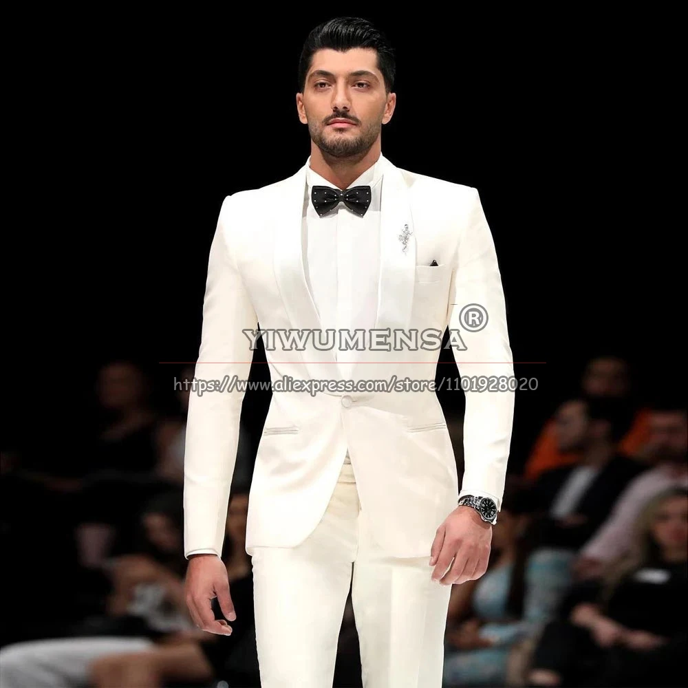 

Handsome Suits Men Banquet Prom Party Blazer With Pants 2 Pieces Ivory Business Office Groom Wear Wedding Tuxedo Tailore-Made