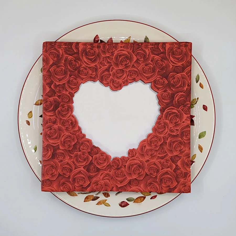 ผ้าเช็ดปากข้อเสนอสุดหรู 33x33 ซม. - กุหลาบสืบราชบัตรพร้อมหัวใจคัตเอาท์ |   พรีเมี่ยม 2 ชั้นสำหรับตกแต่งโต๊ะงานแต่งงาน, การตอกย้ำคำสาบาน 10/20 ชิ้น