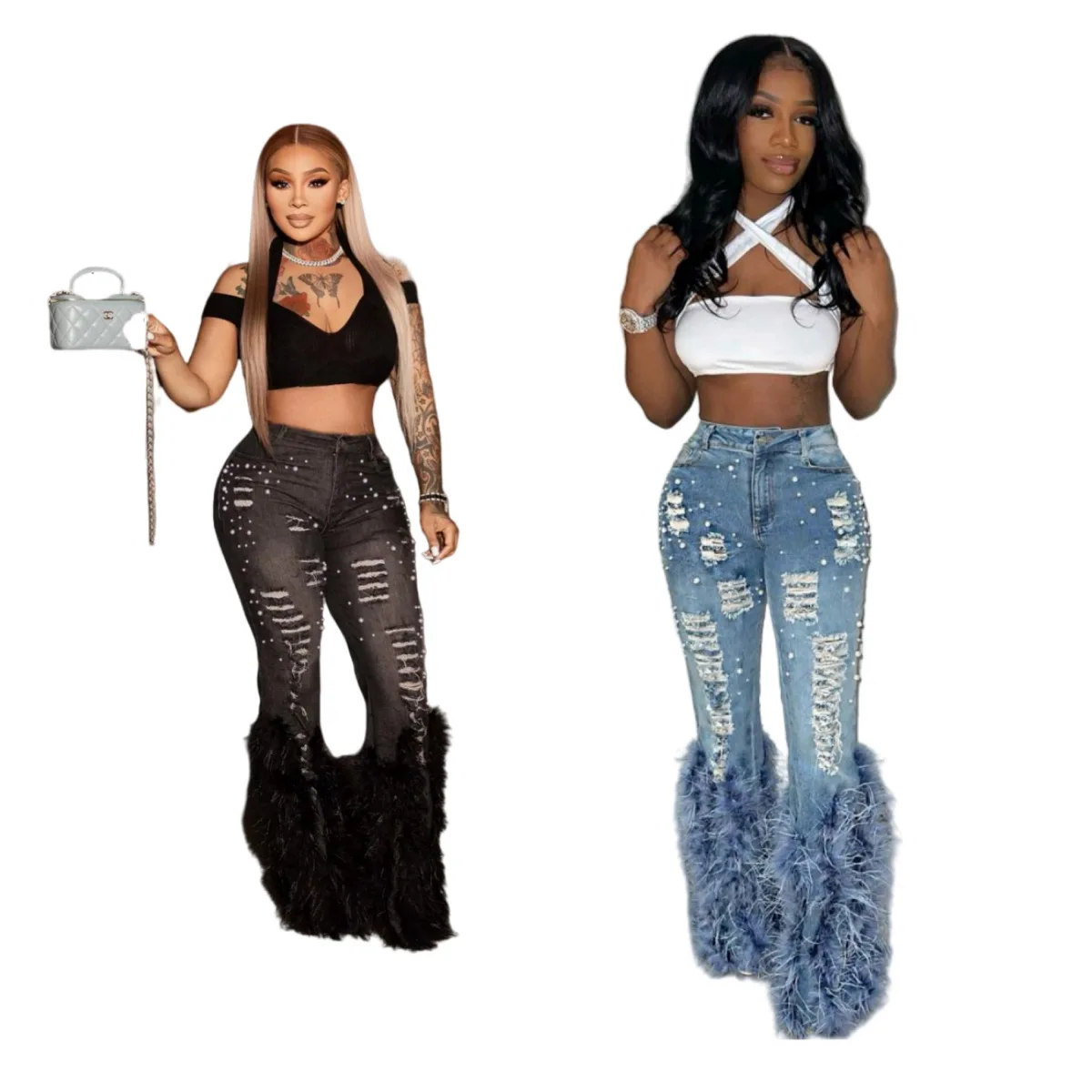 

Прямые джинсы с высокой талией, женские джинсы на молнии, потертые джинсовые брюки полной длины, потертые свободные карманы, винтажные перья