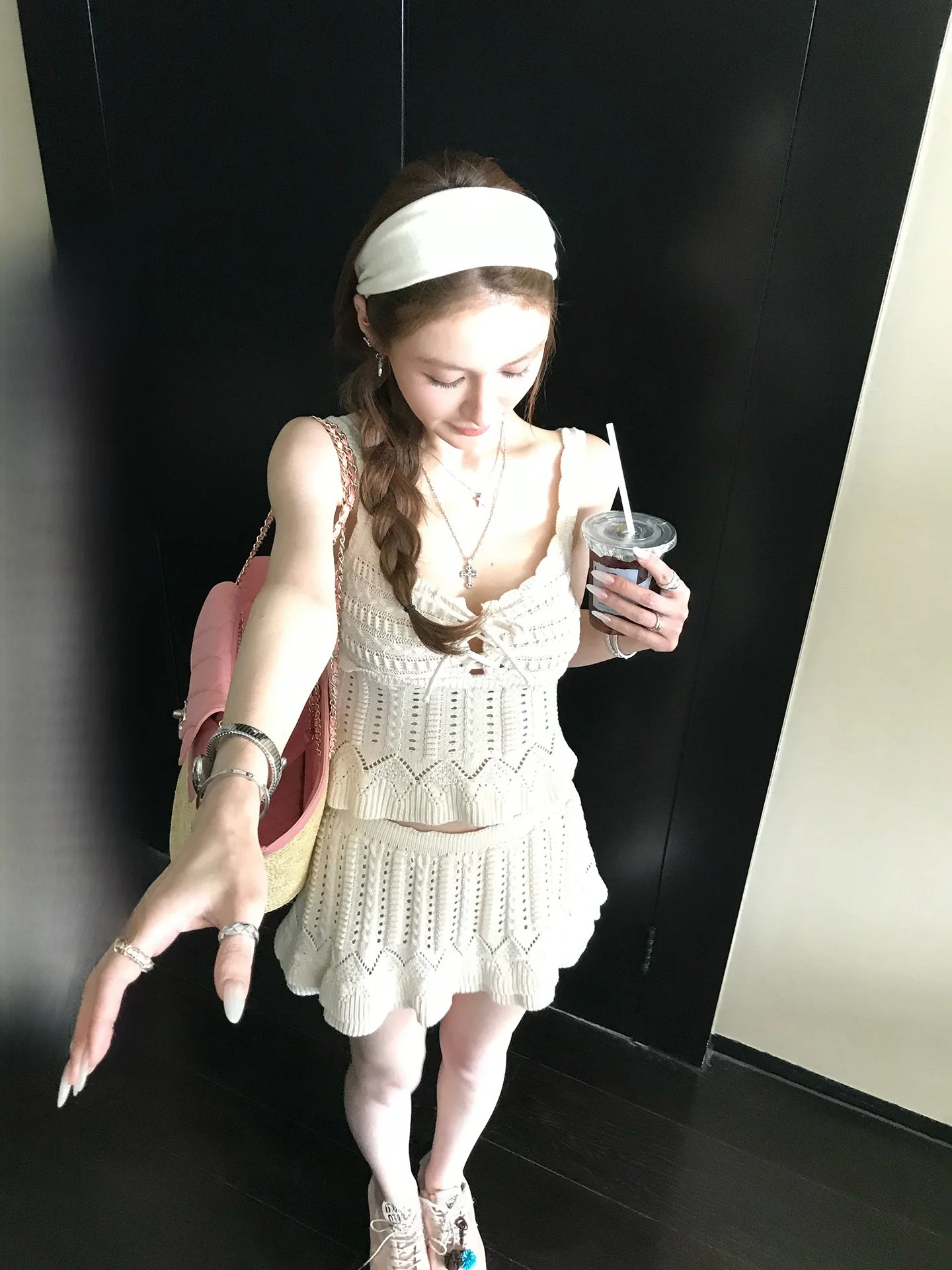 

Hook Knitted Vest Skirt Set Women's Summer Fashion Breathable Cotton Short Style Vintage Hollow out Design Casual Wear