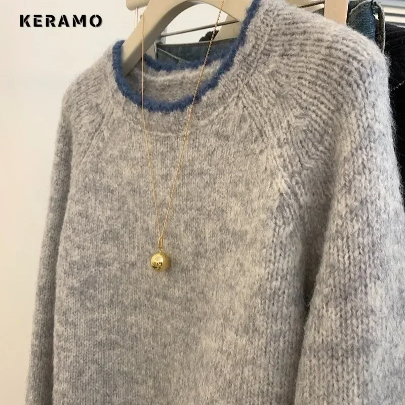 2024 Autumn Casual Grey Patchwork Knitting Long Sleeve Round Neck Pullovers For Women Vintage Office Lady Knitwear Sweater Top