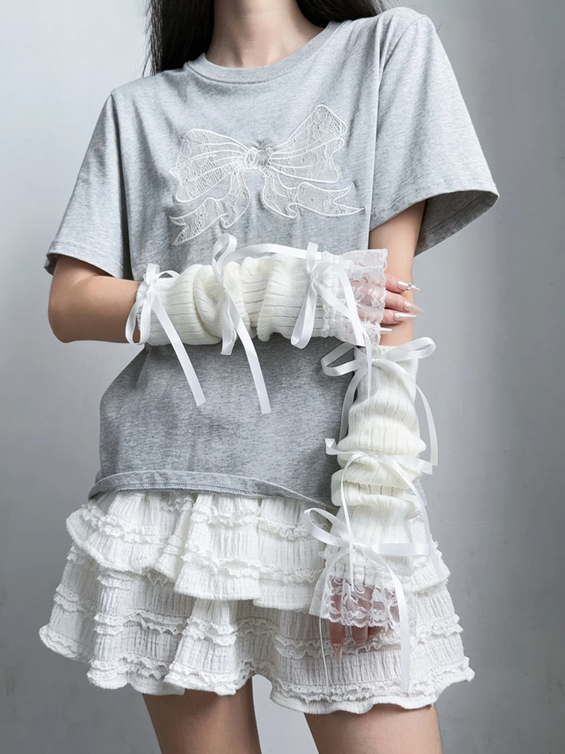 العصرية الحلو متماسكة القوس أكمام أذرع تبريد الديكور الدافئة قفازات طويلة أصابع انفصال اليد الأكمام للفتيات لوليتا اكسسوارات