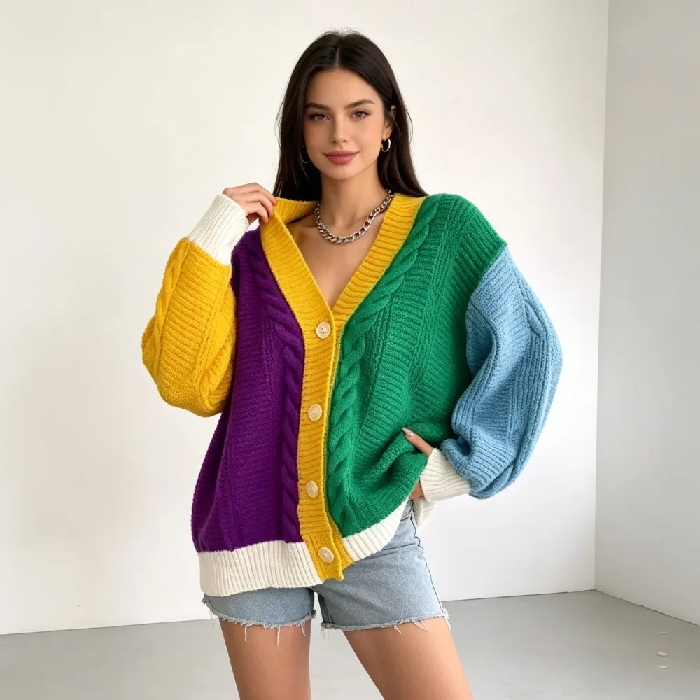 Cardigan en tricot patchwork contrasté, uniforme scolaire JK, veste pull ample et décontractée de style européen pour le quotidien, le campus et le cosplay d'anime