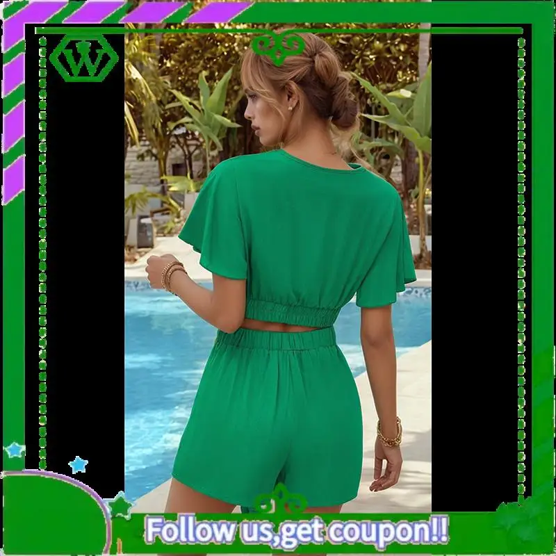 

A18P-Women's Casual V-Neck Ruffle Sleeve Knot Drawstring Top Shorts Set Casual Vacation