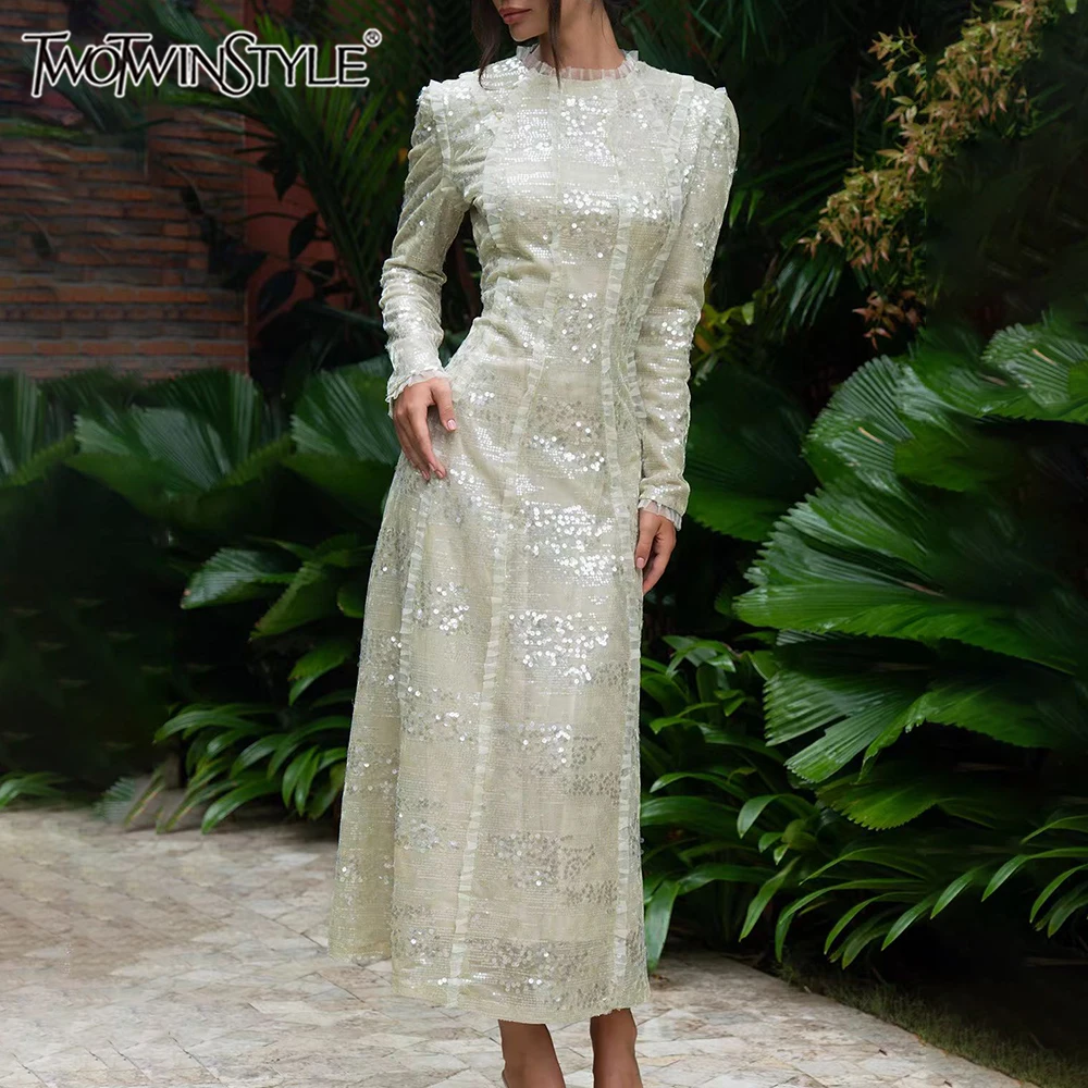 

TWOTWINSTYLE Solid Spliced Sequins Fashion Dresses for Women O Neck Long Sleeves Tunic Patchwork Fungus Folds Dress Female New