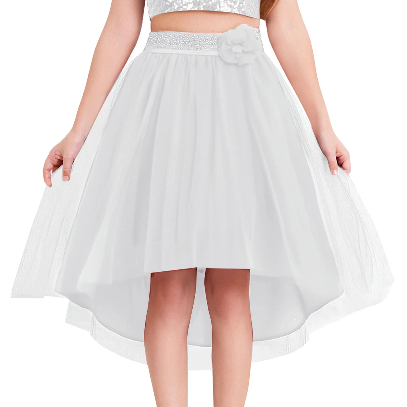 

Girls Red Skirt Lining Elastic Waistband Rhinestone Fake Flower Decorated Irregular Hem Tulle Skirt for Banquet Pageant Wedding