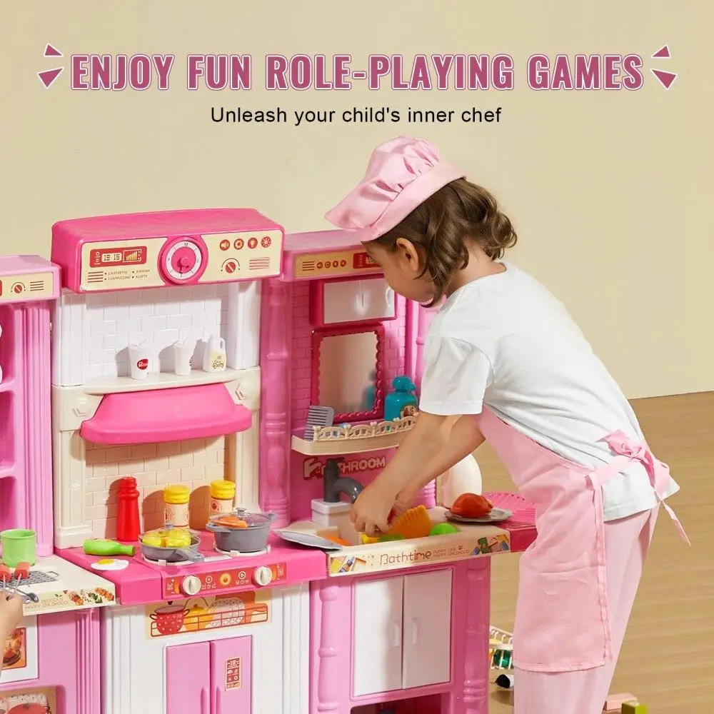 Finta Set da cucina per bambini 74 pezzi giocattolo da cucina interattivo con accessori in rosa