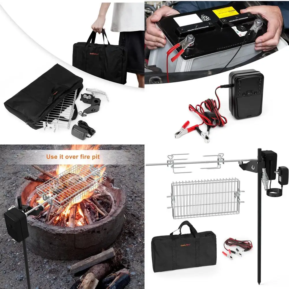 

Portable Outdoor Flame Grill & Campfire Cooking Kit with Motor, Power Adapter, Car Charger, and Carry Bag