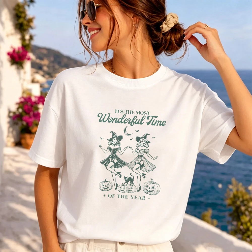 Vintage Witch Dancing Duo Women Retro Halloween Graphic Shirt Most Wonderful Time Top Costume Party T Shirt