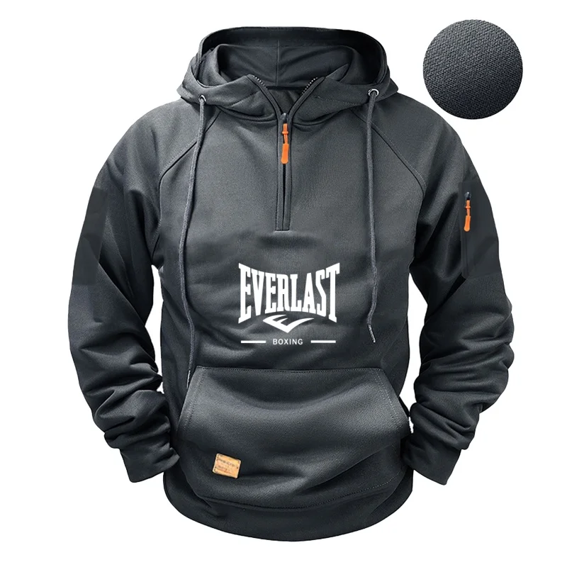 

Soft Fabric Half Zip Hoodie Men Autumn Winter Print Arm Pocket Casual Fitness Jogging Daily Wear