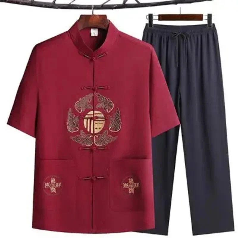 Traditional Clothing Set For Men Adult Tai Chi Kung Fu Uniforms Linen Short Sleeve Embroidery Casual Chinese Costume MN1