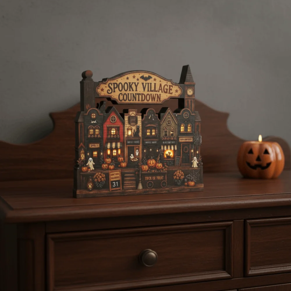 Wooden Wooden Haunted House Multi-layer Flat Base Halloween Village Decor Durable Craft Eco-friendly Rustic Autumn Ornament