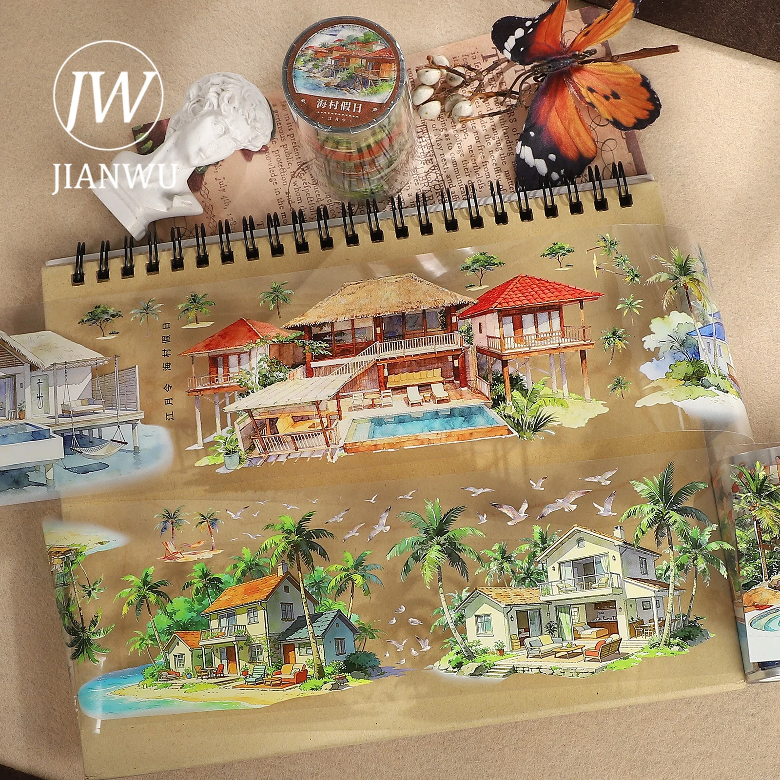 JIANWU 70mm*5m Vintage Summer Sea Holiday House Landscape Material Collage Scrapbooking PET Tape Creative DIY Journal Stationery