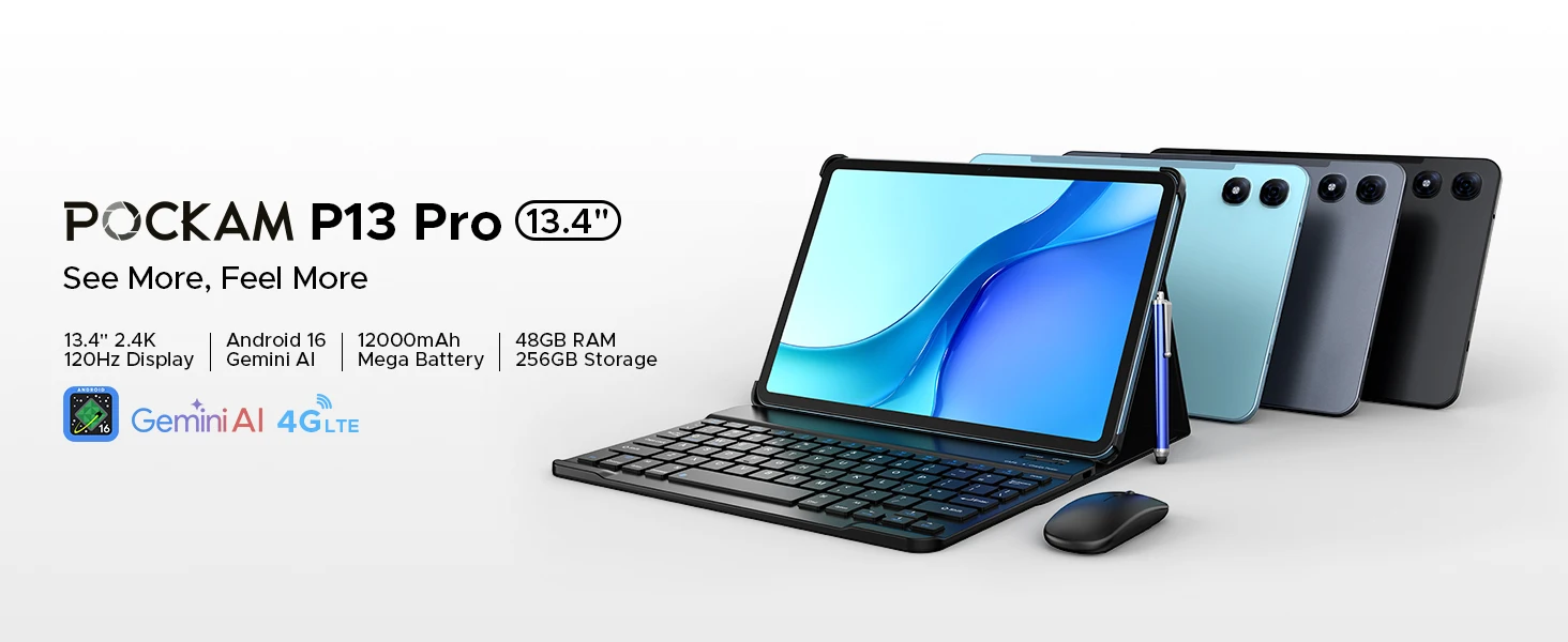POCKAM P13 Pro 2-in-1 Tablet-PC Android 16 13.4 Zoll 2.4K Display 48GB RAM (12+36) 256GB ROM 12000mAh Akku Widevine L1 Gemini AI Type-C GPS Appareil photo 16 MP – Detail 1