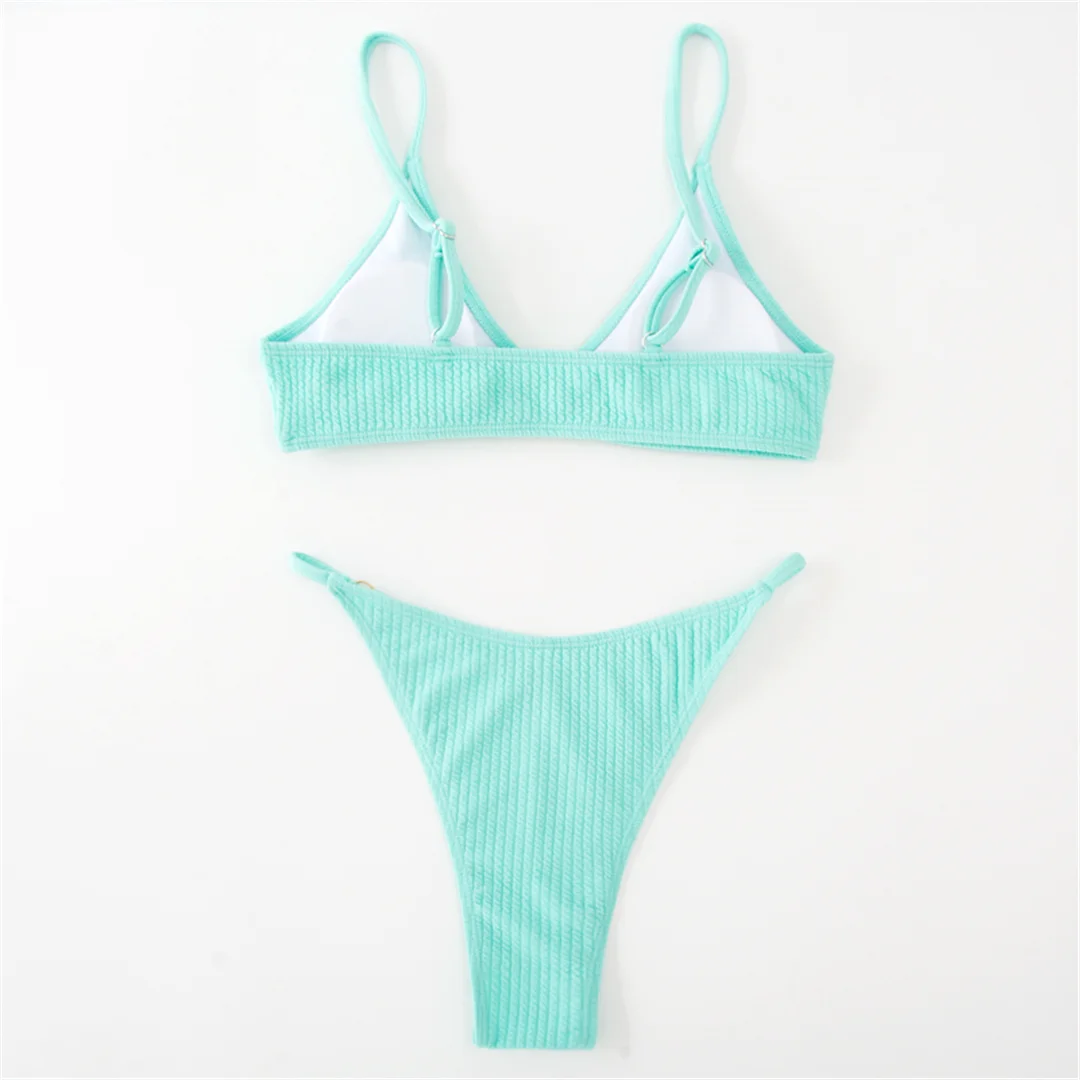 Gerippter Metallring-Bikini, zweiteiliger Damen-Badeanzug, Damen-Badebekleidung, hoch geschnittene Beine, gepolsterter Badeanzug, Badeanzug, Schwimmkleidung V7120 – Detail 18