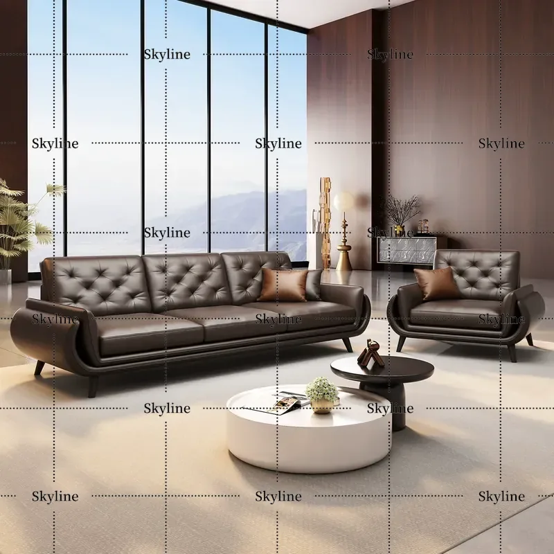Italian Leather Office Sofa and Coffee Table Set for Business Meeting Leisure Negotiation Reception Simple Modern 3 Seater