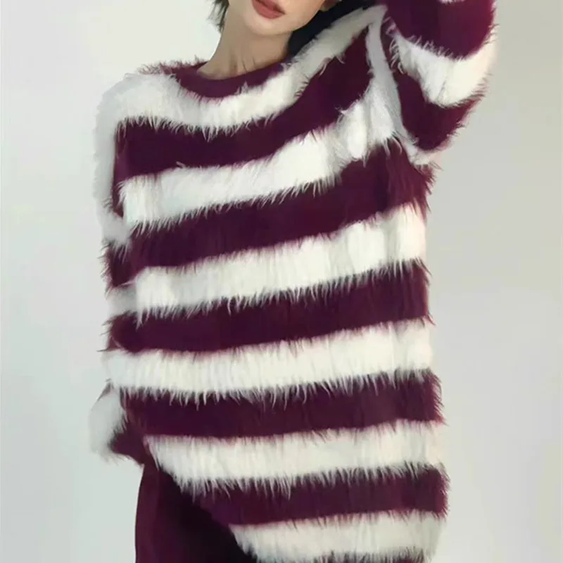 

Color Block Striped Sweater for Women 2025 Autumn Winter New Lazy Harajuku Style Mid-Length Round Neck Versatile Knitted Top