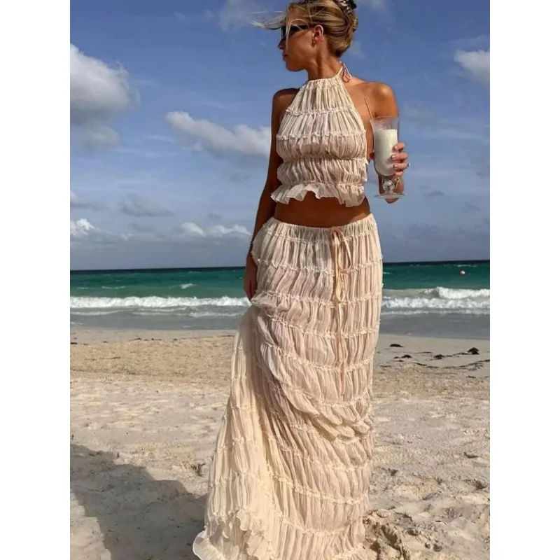 2024 Lente Zomer Dames 2 Delige Set Mode Solide Halter Lange Rok Pak Vrouwen Rugloze Slinger Top Veteraan Geplooide Maxi Rokken
