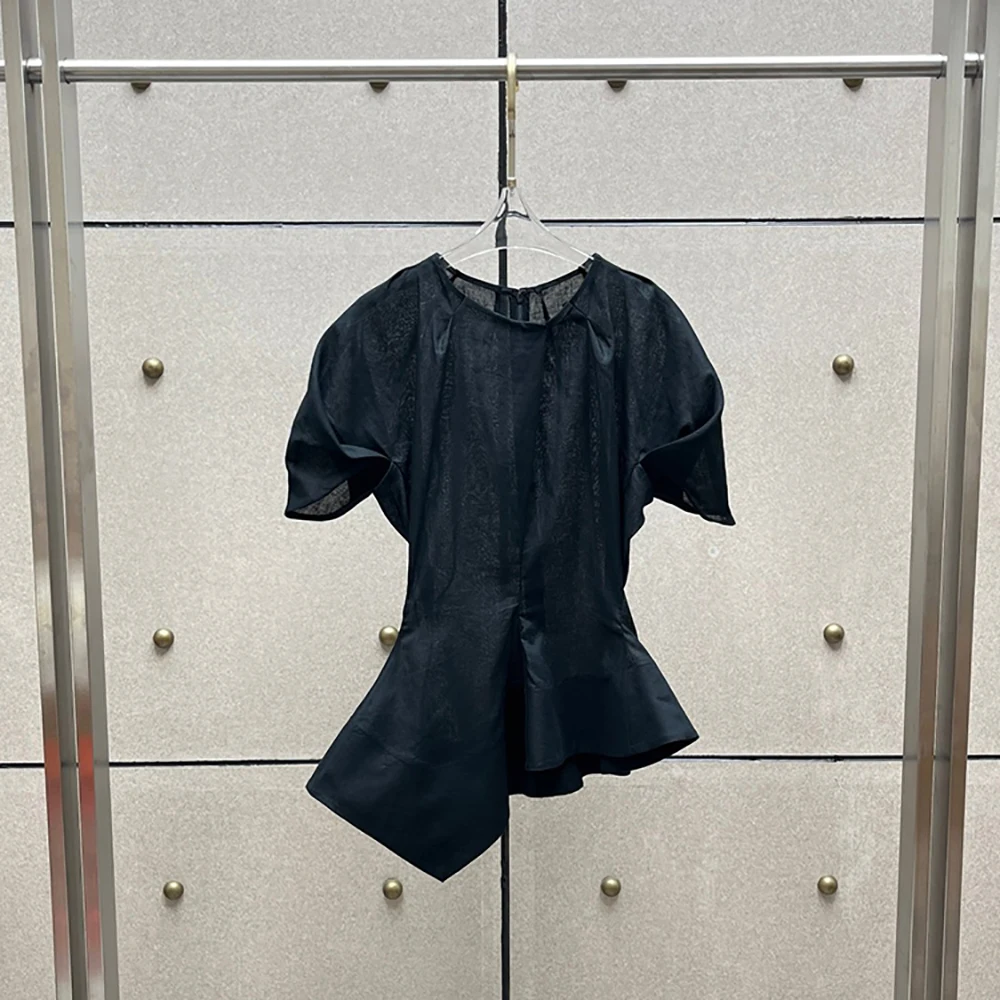 Ladies Cotton Blend Top Short Sleeve Round Neck Slim Waist Blouse Hidden Zipper Elegant Office Party Fashion Shirt For Women