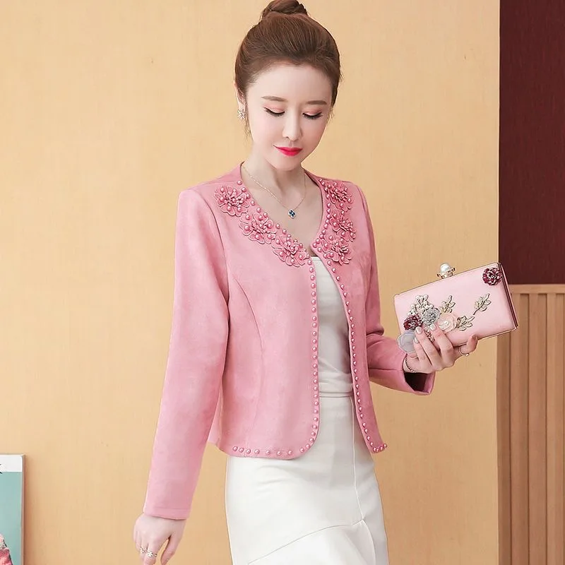 سترة قصيرة بلون نقي للنساء ، بدلات للربيع والخريف ، معطف بياقة مستديرة ، سترة صوفية بالخرز للأظافر ، سترة نسائية ، ملابس خروج أنيقة ، جديدة ،