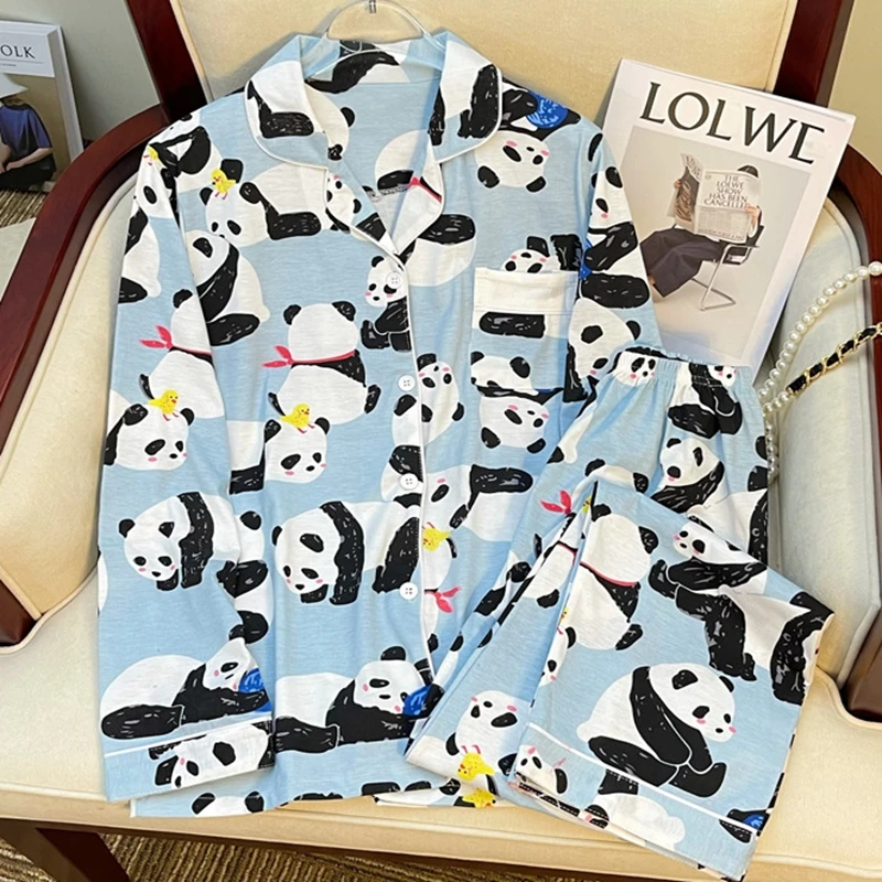 Cartoon Panda Pajamas Women Summer Spring Autumn Long Sleeves Long Pants New Girls Cardigan Milk Silk Homewear Thin Sleepwear