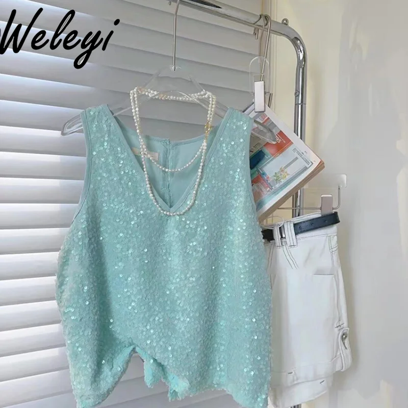 

Sweet Sexy Female Sequins Tee Tops Elegant Women's Clothes Lake Blue Sleeveless T-shirt 2024 Summer Luxury Short Slimming T Tops