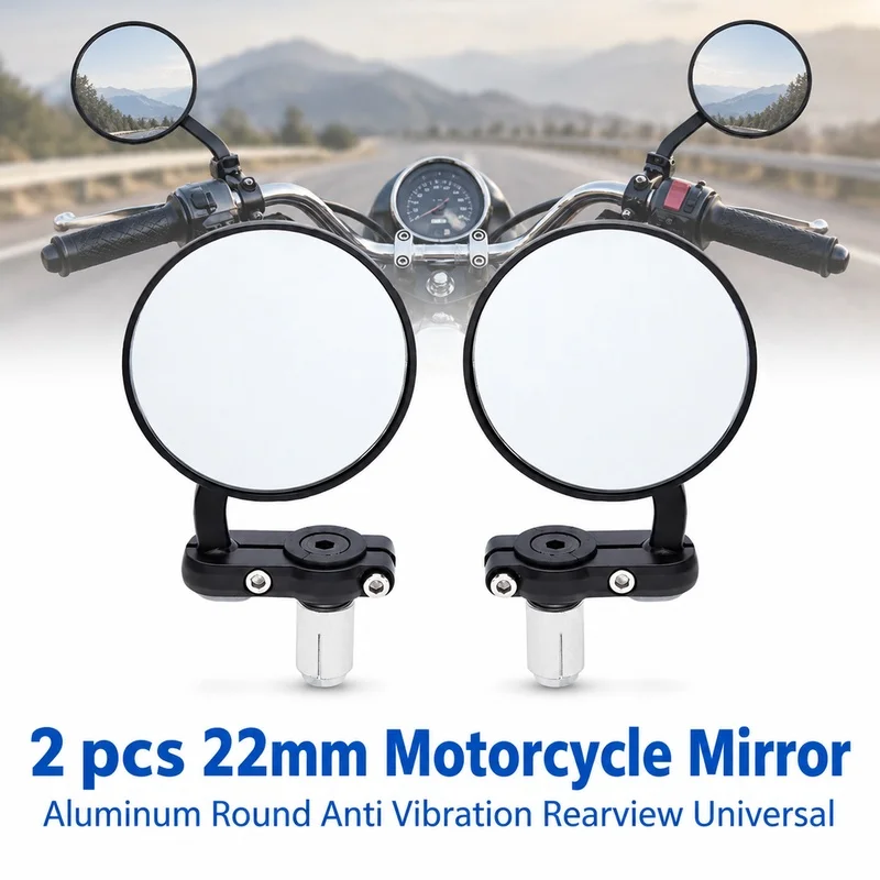 2 pcs 22mm Motorcycle Mirror Aluminum Round Anti Vibration Rearview Universal