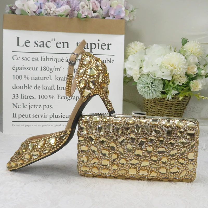 2021 new champagne colored rhinestone bridal dress shoes with bag rhinestone high heels ankle strap women's party dress shoes