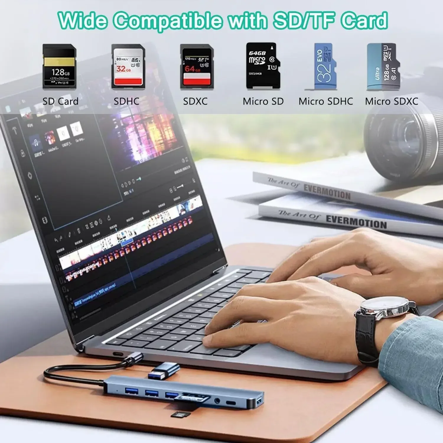 

8 In 2 USB HUB With Splitter Card Reader, USB C Port, SD/TF Splitter Card Reader, Docking Station computacion accesorios en gen