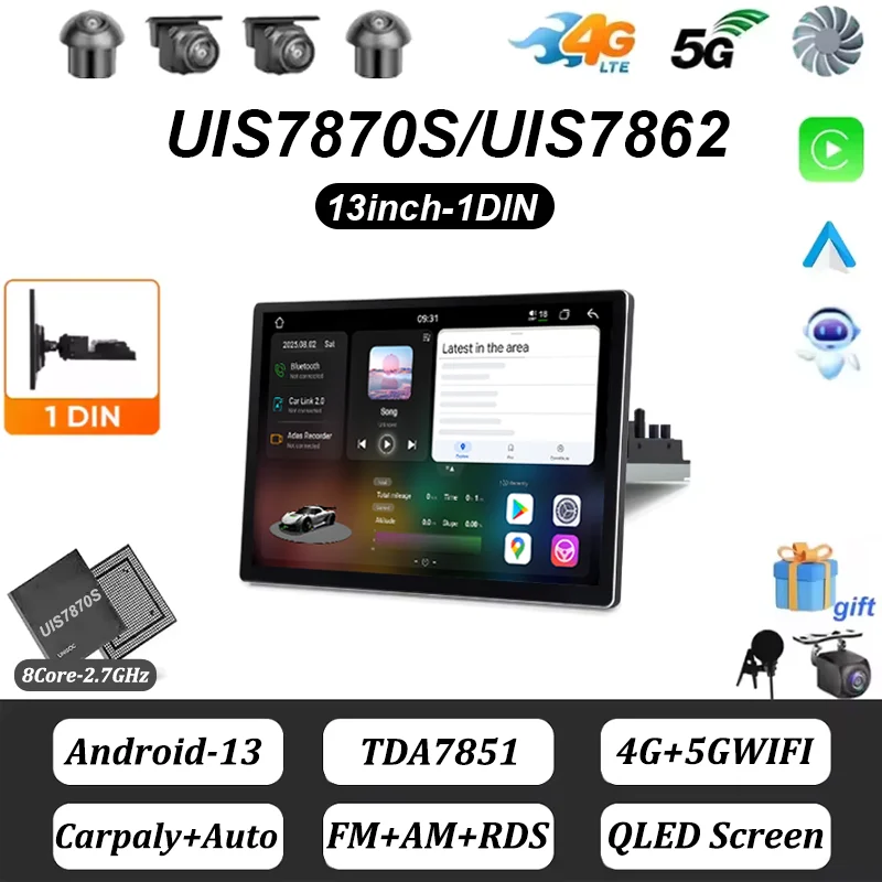 FYT7870 Car Radio 1Din Carplay Android Auto Multimedia Player HD 13inch Touch Screen FM AUX Input Bluetooth MirrorLink