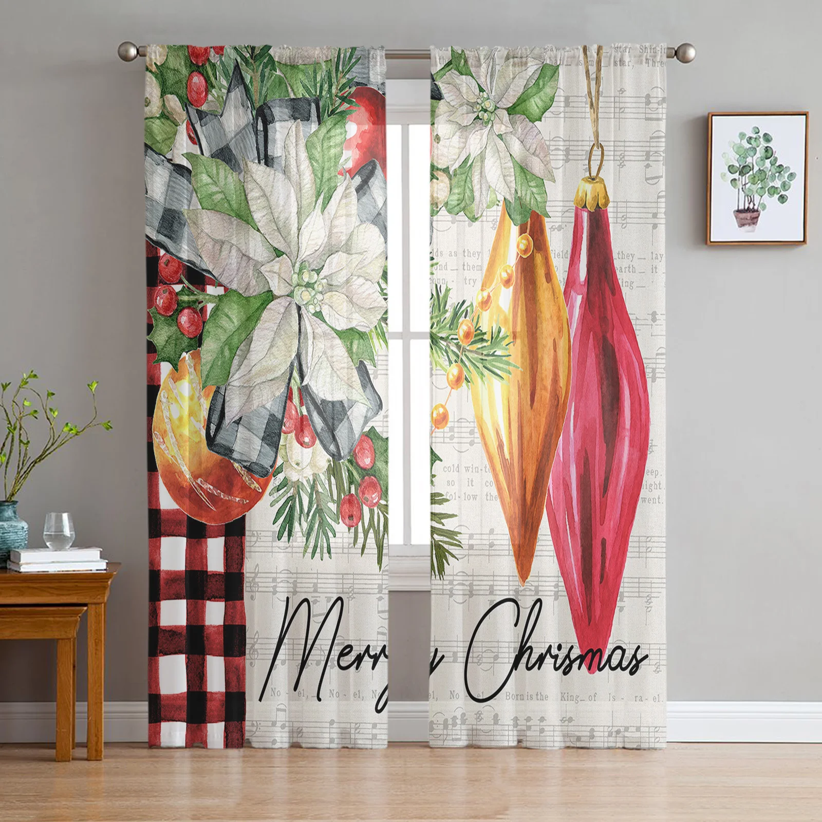 Christmas Poinsettia Pine Needles Sheer Curtains Christmas Decorations for Home Window Tulle Curtains for Living Room Bedroom