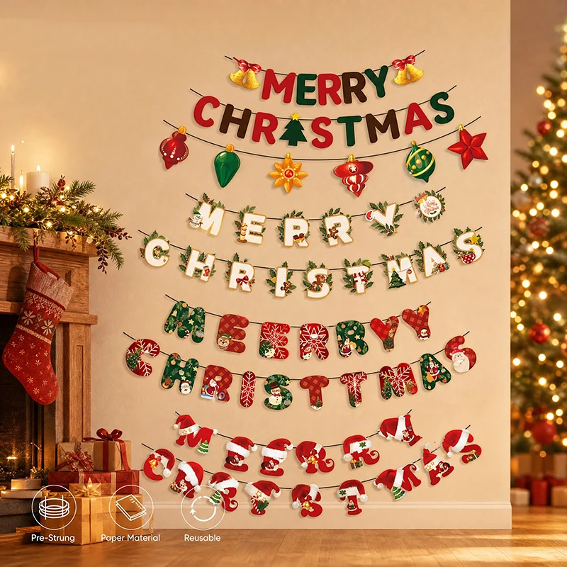 New Year Decoration 2026 Santa Claus Snow Man Merry Christmas Theme Party Wall Hanging Flags Banners for Family House Holiday
